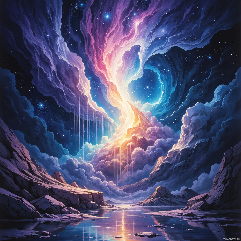 A vibrant cosmic scene with swirling nebulae and stars reflected in a calm body of water surrounded by rocky cliffs.