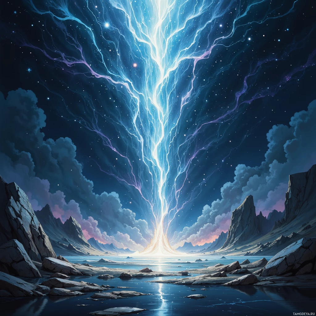 A serene night landscape featuring a glowing, ethereal light beam descending from the sky, illuminating a calm body of water surrounded by rugged mountains and a starry sky.