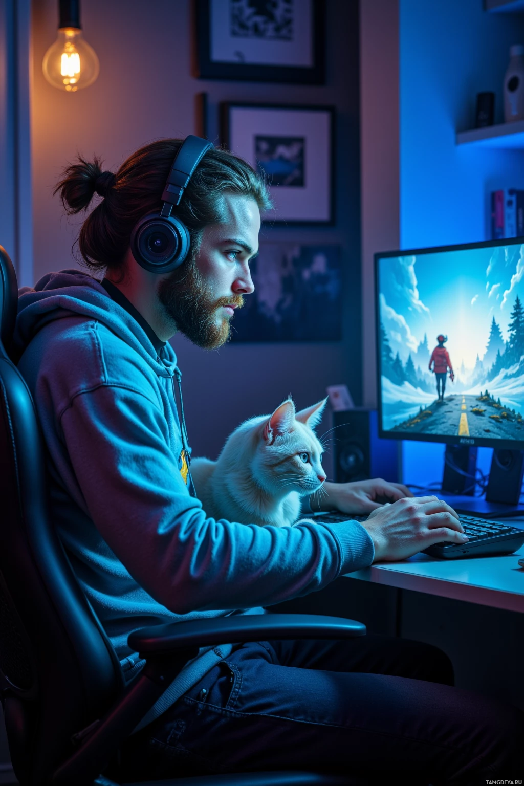 A person wearing headphones sits at a desk with a cat on their lap, playing a video game displayed on a monitor.
