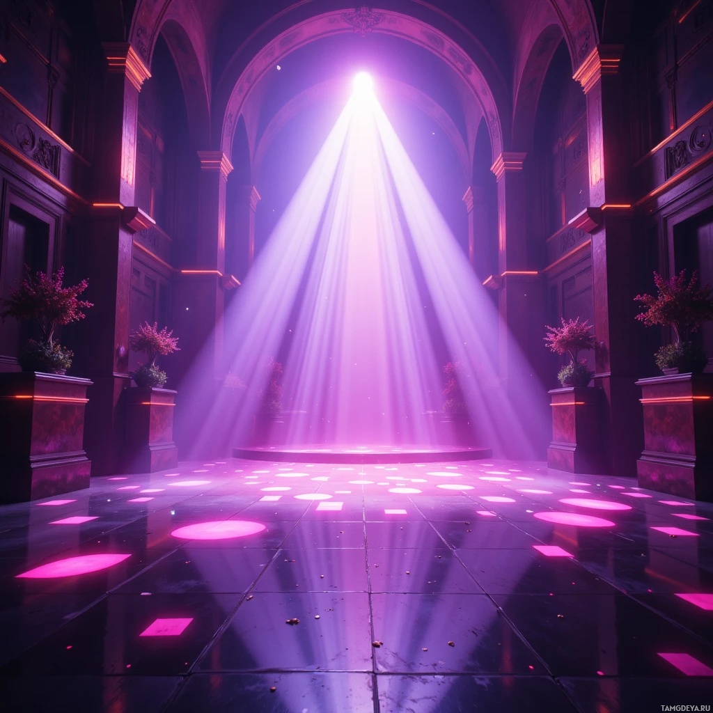 A grand hall with arched ceilings and a bright light beam shining down, creating a dramatic and ethereal atmosphere.