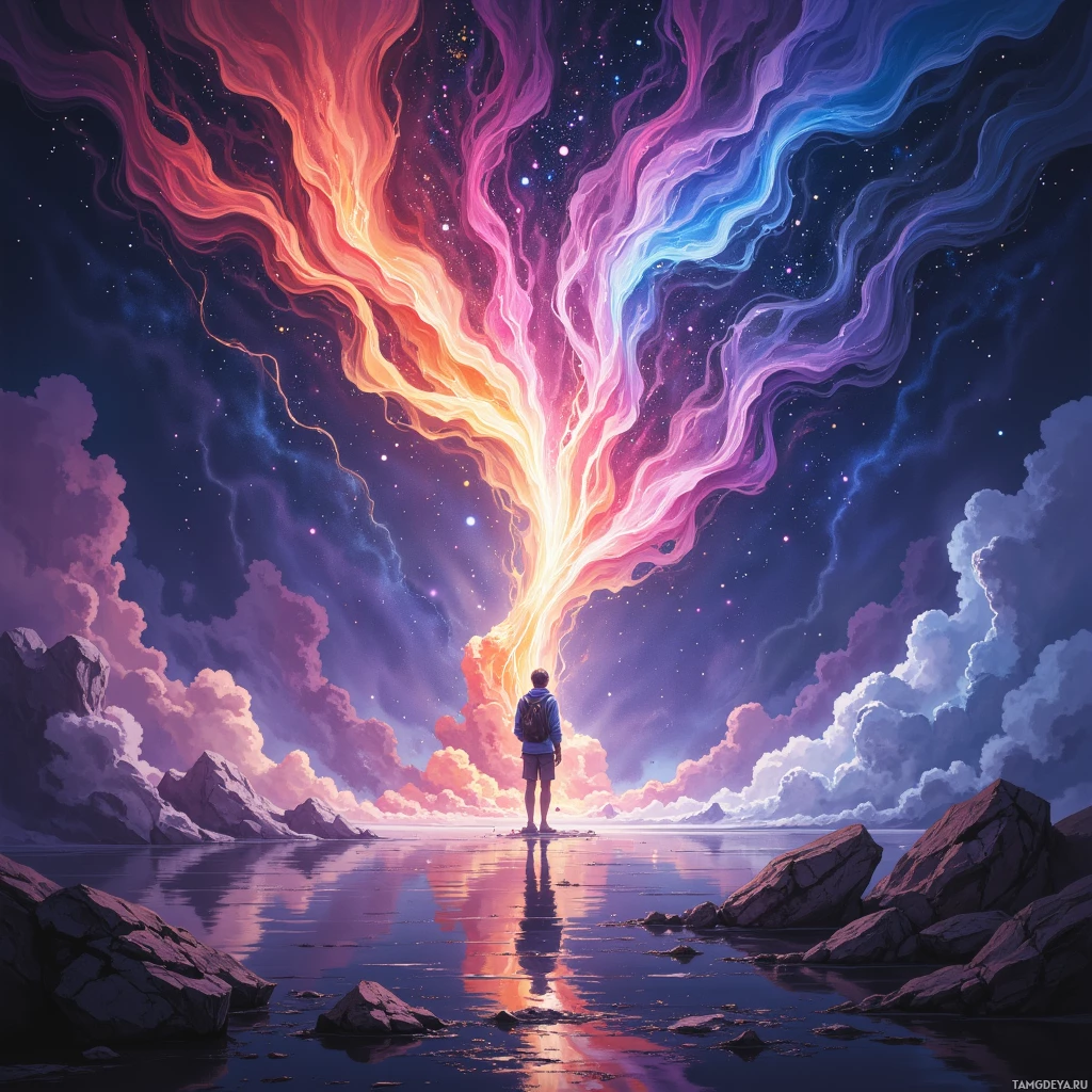 A person stands on a rocky shore, gazing at a vibrant, cosmic sky with swirling colors and stars.