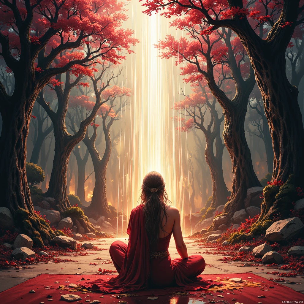 A person in red attire sits cross-legged on a red mat amidst a forest with vibrant red foliage and beams of light filtering through the trees.