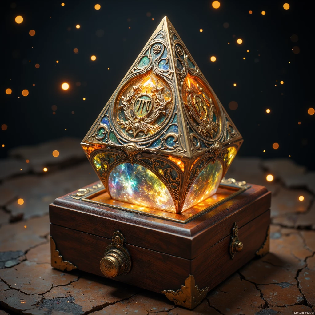Semi-abstract image with many light, that is suitable for the post:  Brass prism inside a hand‑carved walnut case, with a cryptic rune etched on its face, facets glinting with a hidden iridescent spectrum of colors.