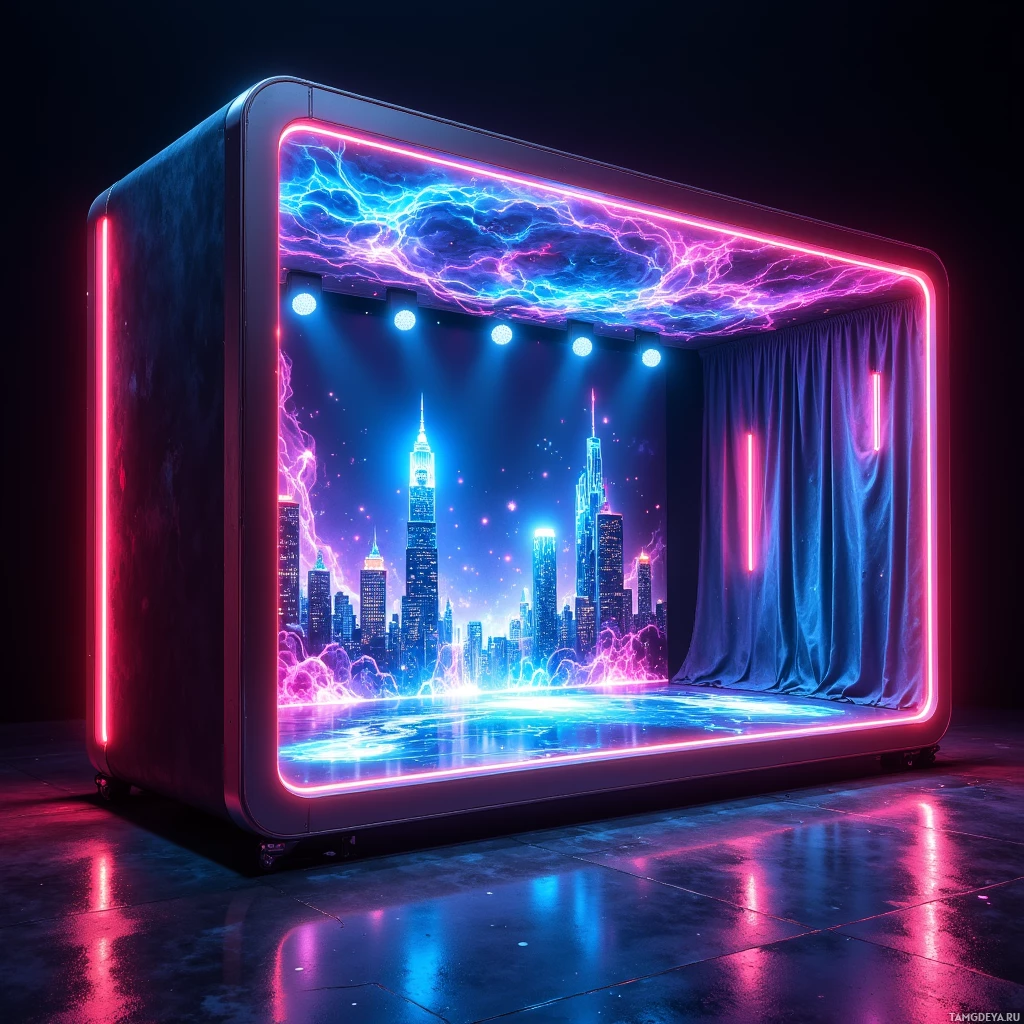 A futuristic stage with neon lights and a cityscape backdrop.