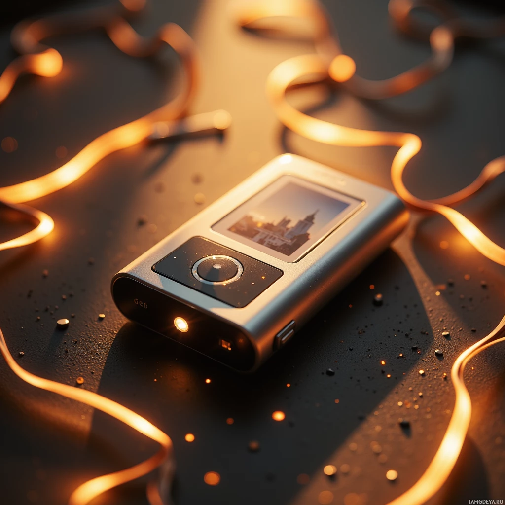 A small, modern device with a screen and camera lens is surrounded by glowing, wavy lines on a dark surface.
