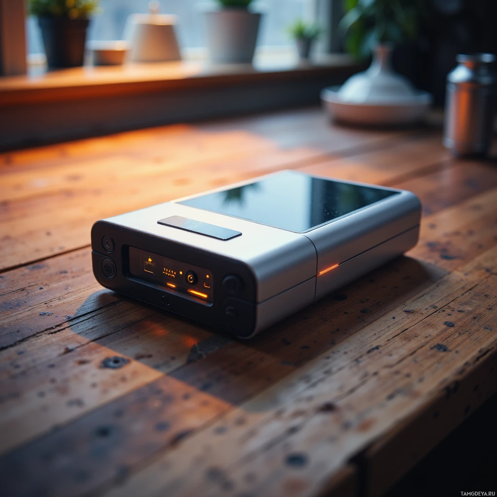 A sleek portable device with a screen and buttons sits on a wooden surface near a window.