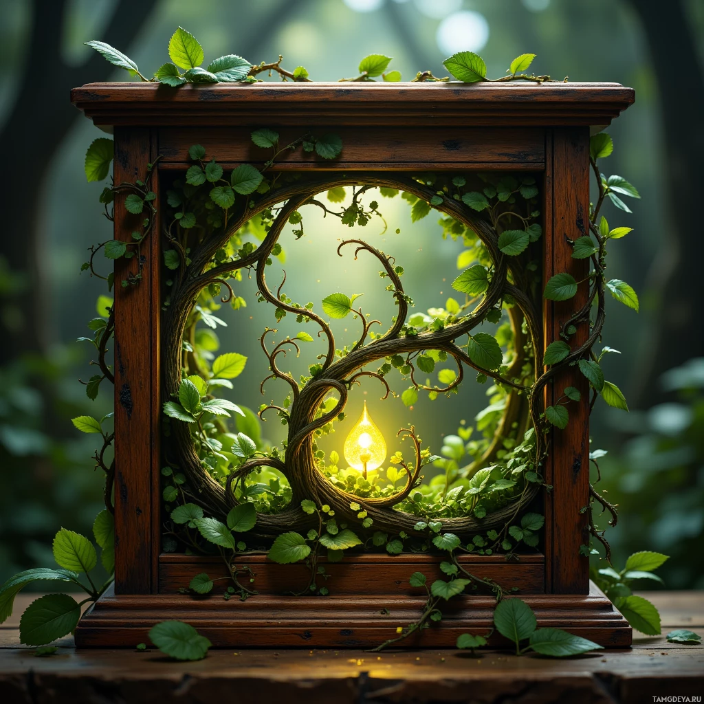 A wooden frame adorned with vines and a glowing light bulb sits on a wooden surface.