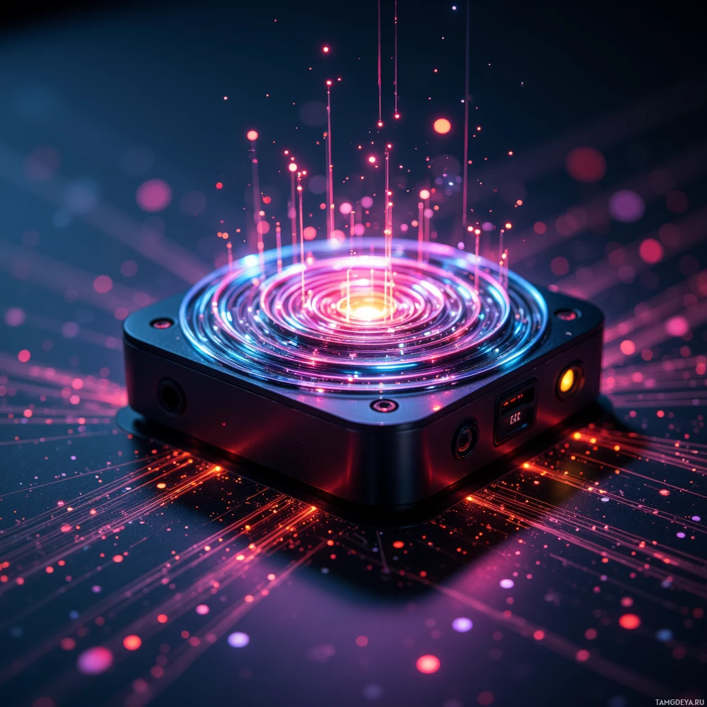 A futuristic device with glowing spiral patterns and vibrant light effects.