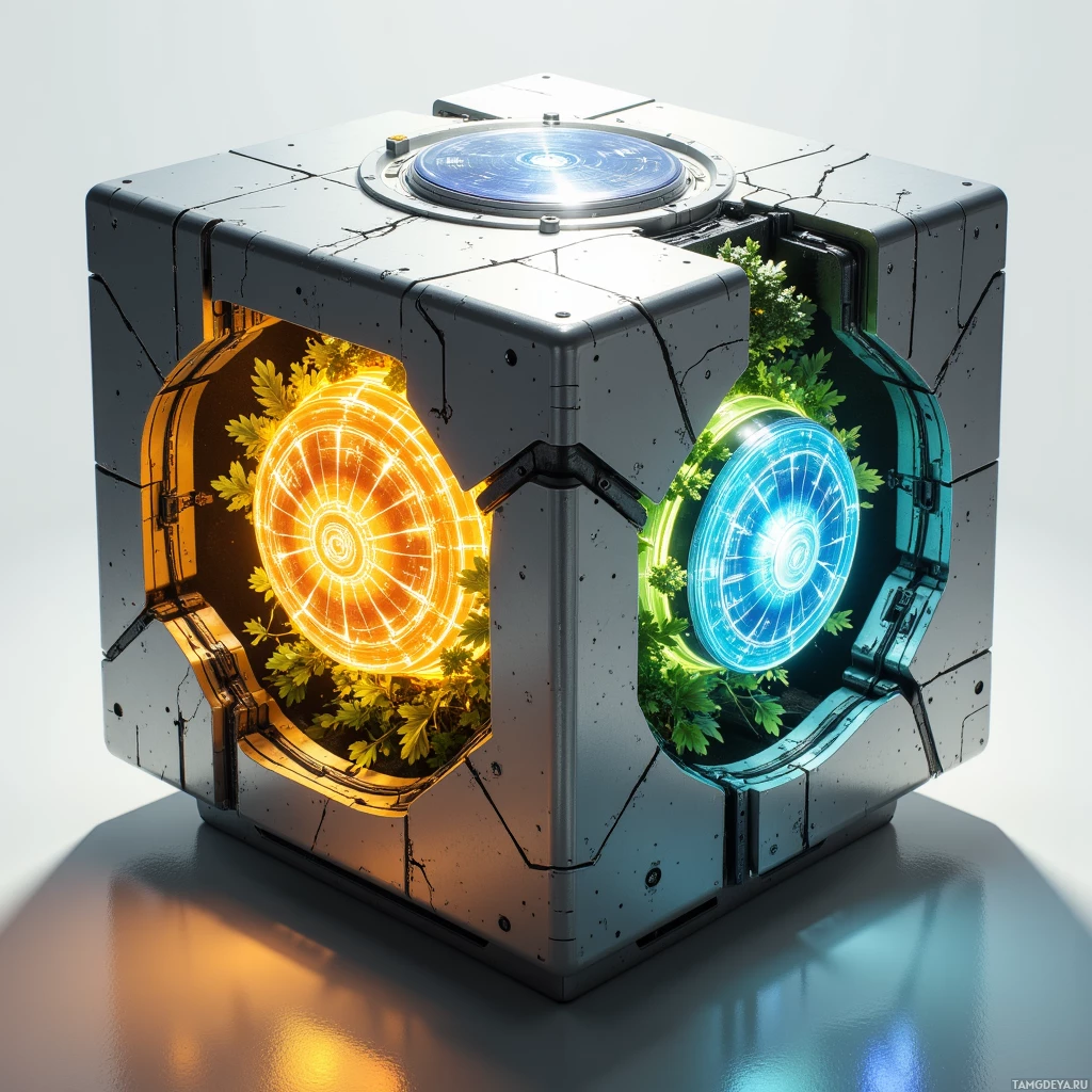 A metallic cube with glowing circular lights and greenery inside.