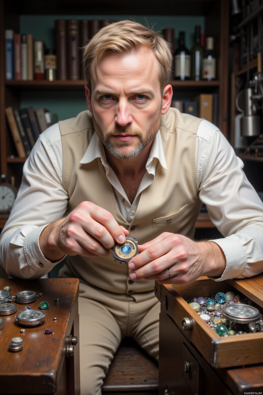 A person in a beige shirt examines a small, intricate object in a workshop setting.