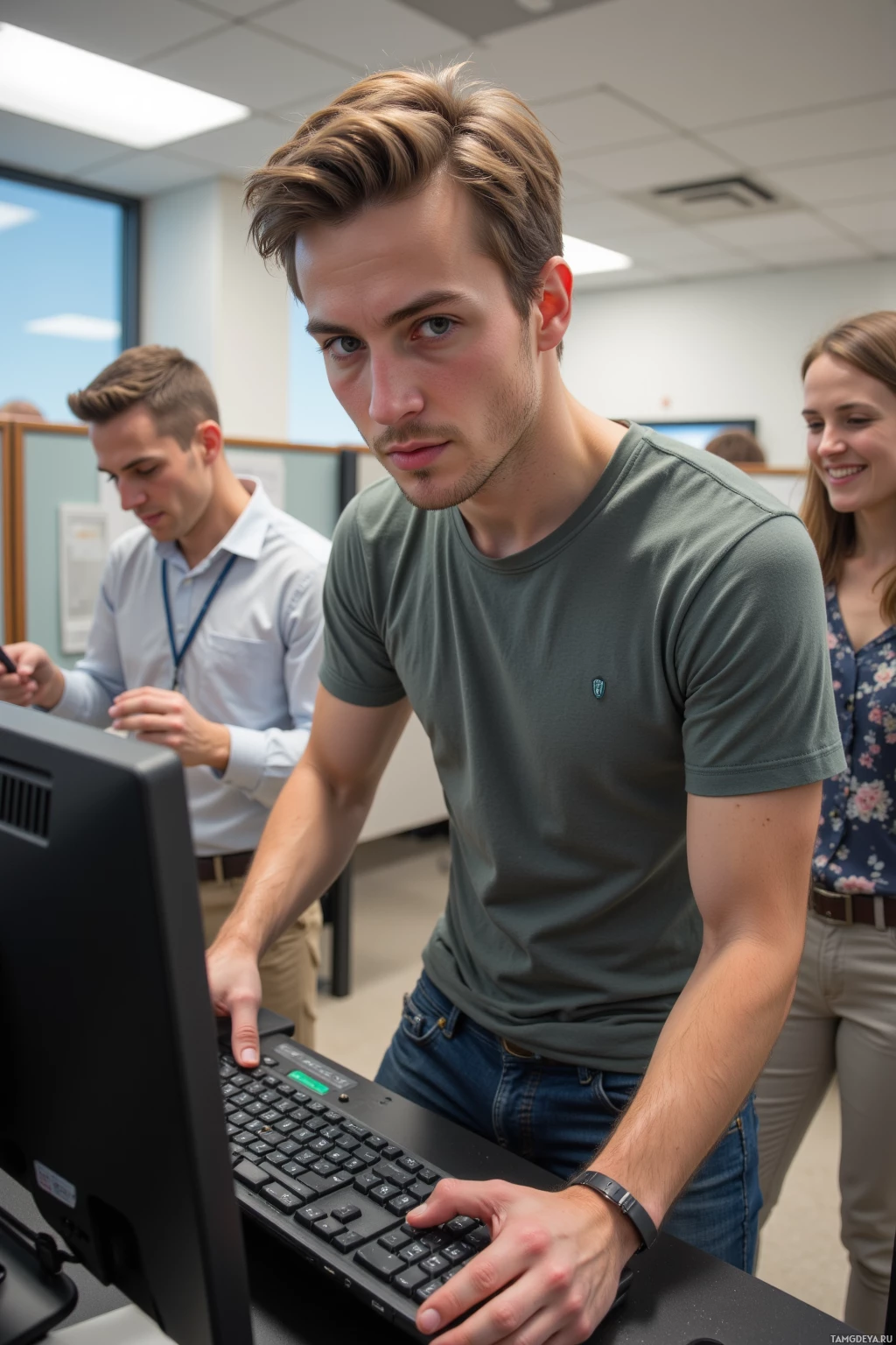 A man in a green shirt is focused on a computer screen in an office setting.