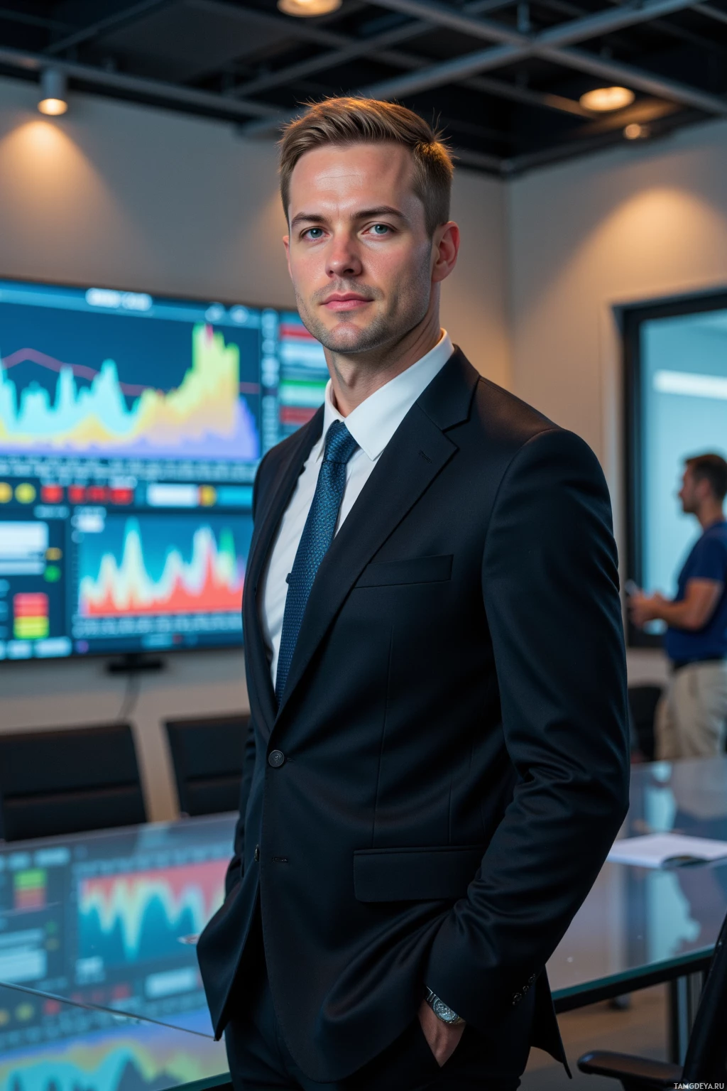 A man in a suit stands in a modern office with a large screen displaying graphs and data.