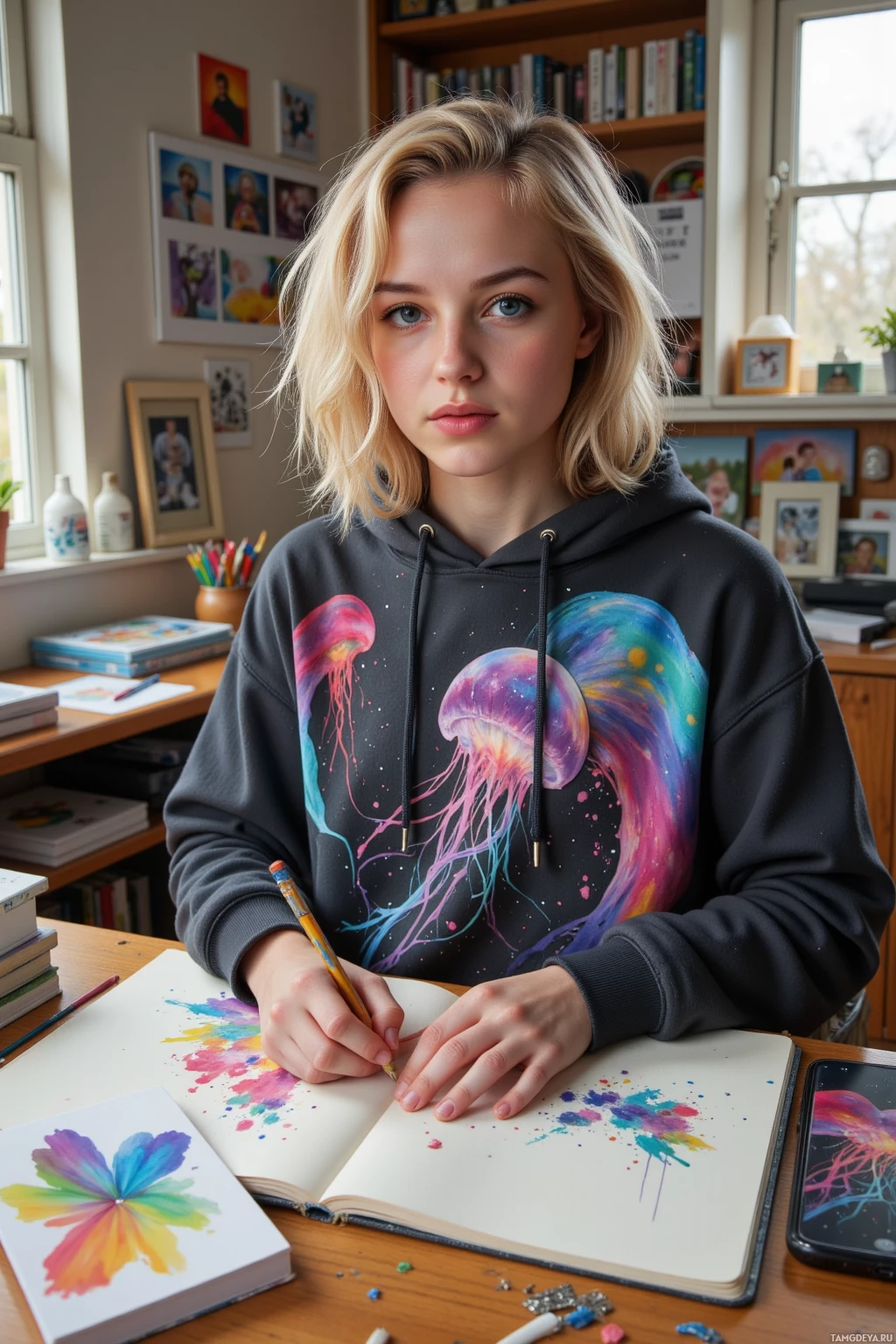 A person wearing a hoodie with a jellyfish design is drawing in a notebook.