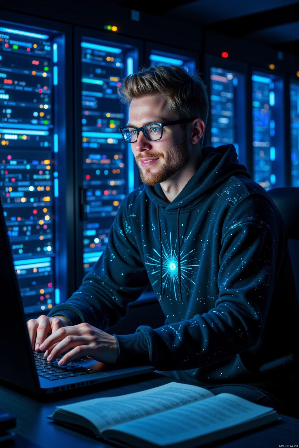 A person wearing a hoodie is working on a laptop in a dimly lit room with multiple illuminated screens in the background.