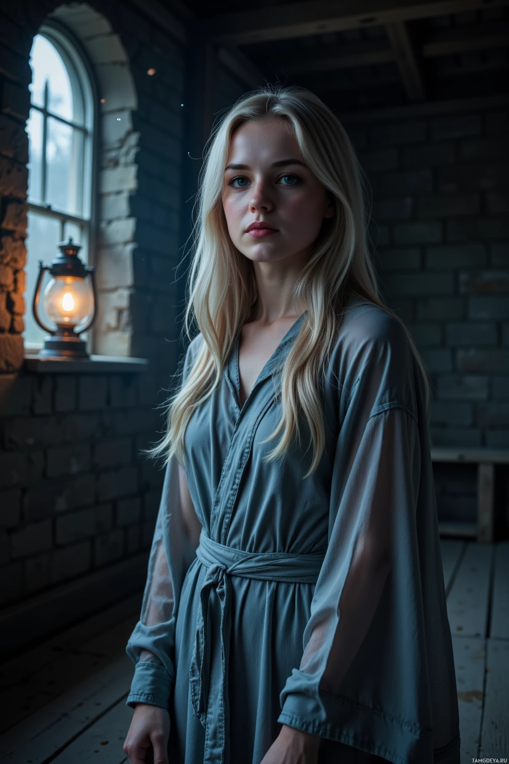 A person with long blonde hair stands in front of a brick wall and an illuminated lantern.