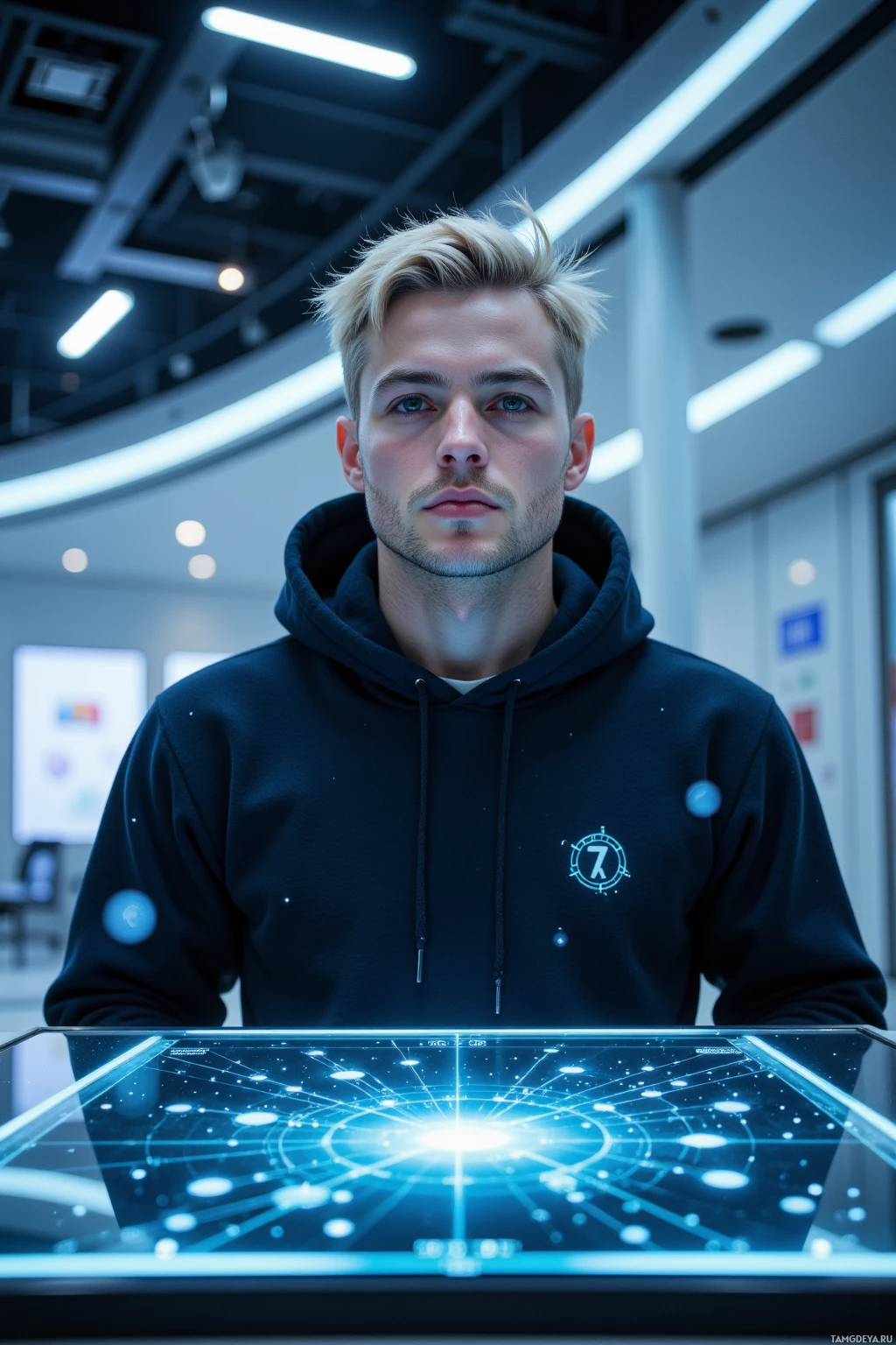 A person in a dark hoodie stands in a modern, illuminated setting with a futuristic display in front of them.
