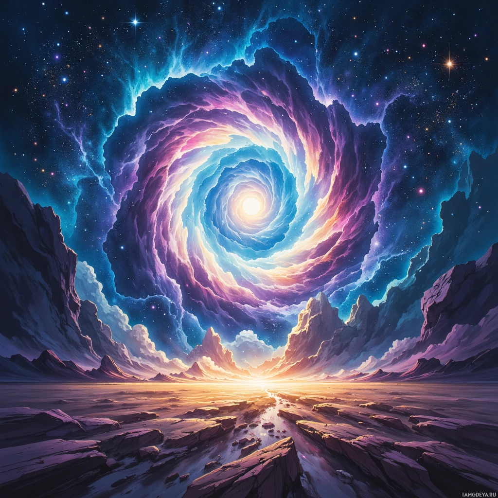 A vibrant cosmic scene featuring a swirling galaxy and rocky terrain.