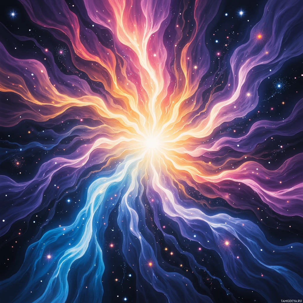 A vibrant cosmic explosion with swirling colors and sparkling stars against a dark background.