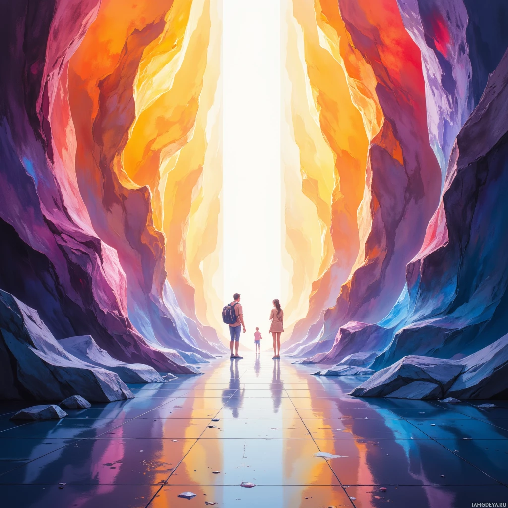 A vibrant, surreal canyon scene with three figures walking towards a bright light at the end.