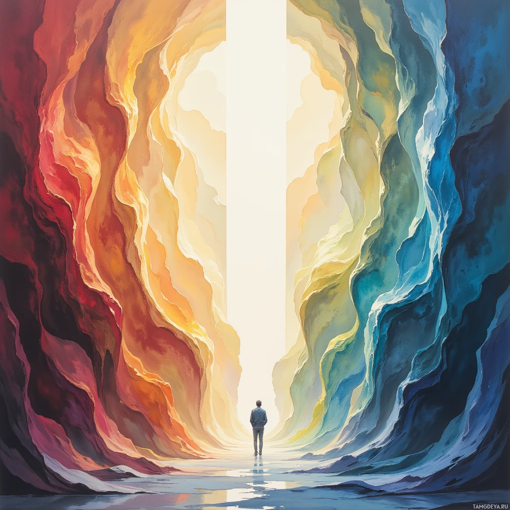 A person stands at the entrance of a colorful, abstract tunnel.