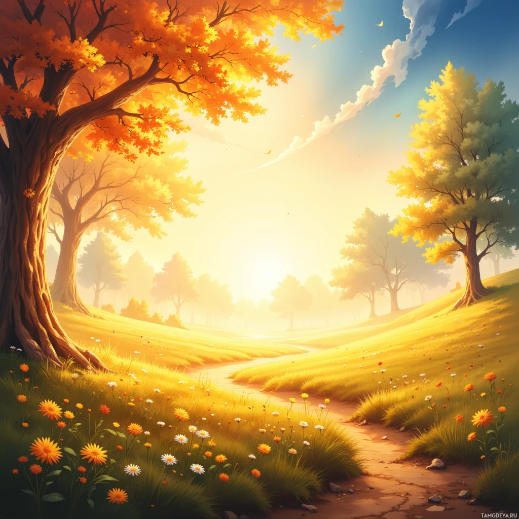 A serene landscape with golden trees and vibrant flowers under a bright sky.