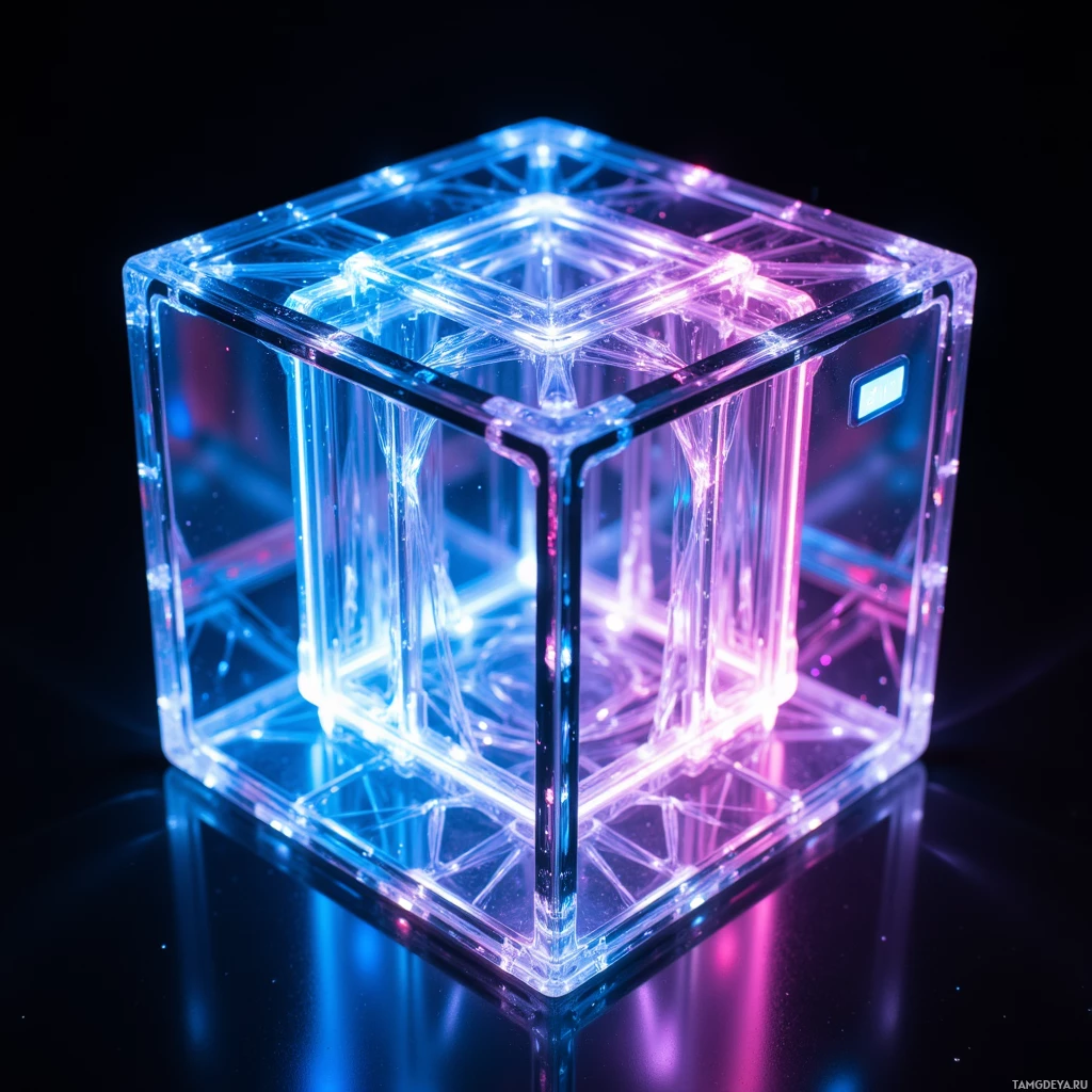 A glowing transparent cube with internal lights and reflections on a dark surface.