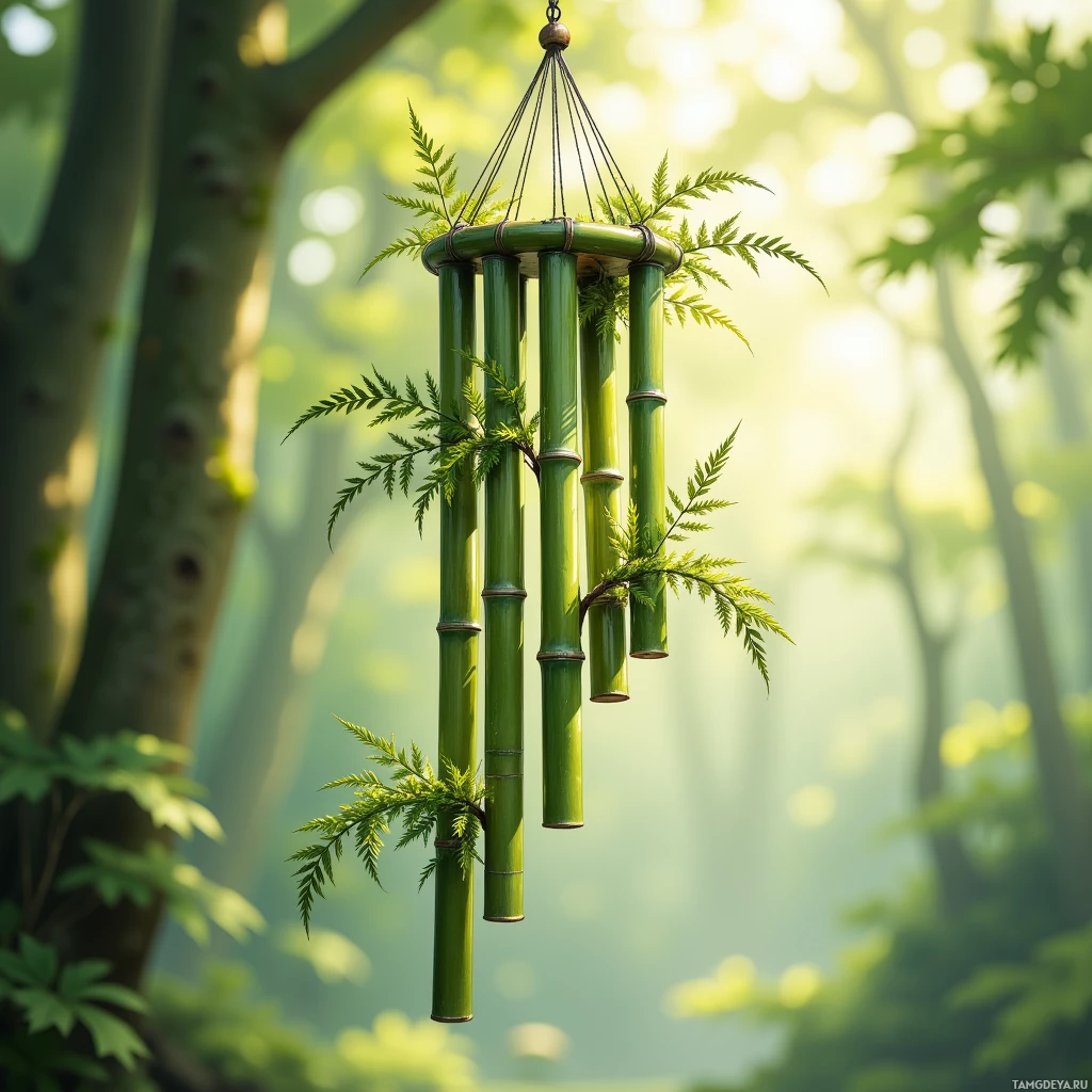 A bamboo wind chime adorned with green leaves hangs in a forest setting.