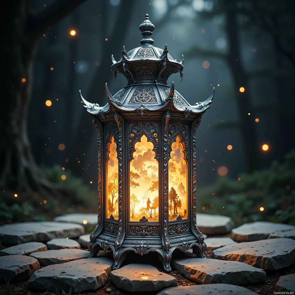 A decorative lantern with intricate designs stands on a stone path in a forest setting.