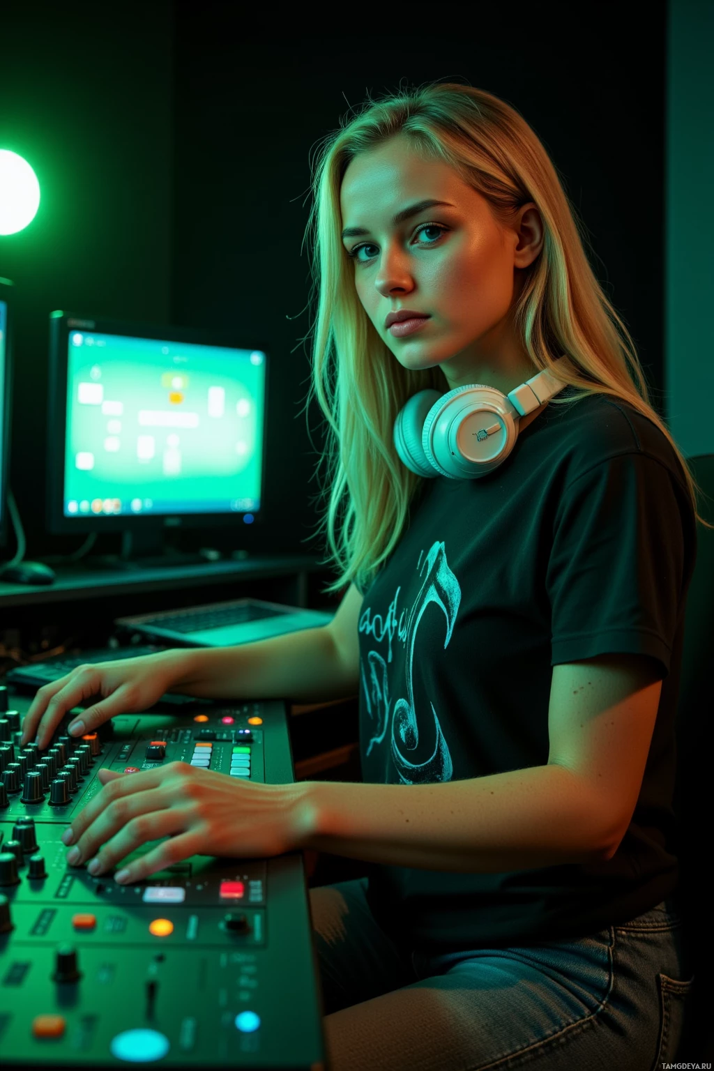Realistic high quality photo. A focused 29‑year‑old blonde woman with a ponytail and blue eyes sits at a dark music studio mixing console under green monitor lights, wearing a black graphic t‑shirt featuring a musical note design and jeans, white headphones draped around her neck, hands tightening an EQ curve as she refines synth lines in the quiet night.