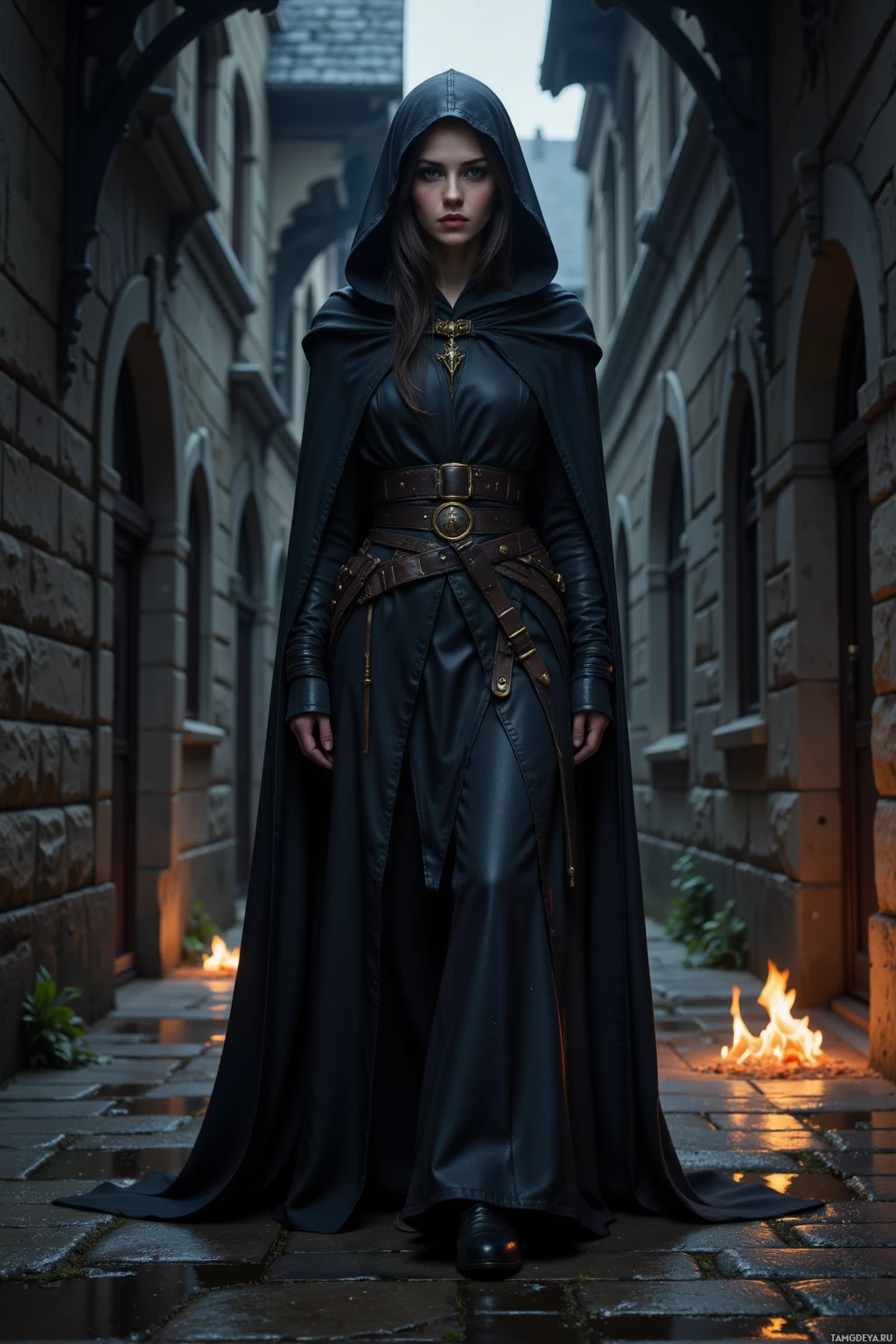 A person in a dark, hooded cloak and leather belt stands in a narrow alleyway with stone walls and flickering flames.