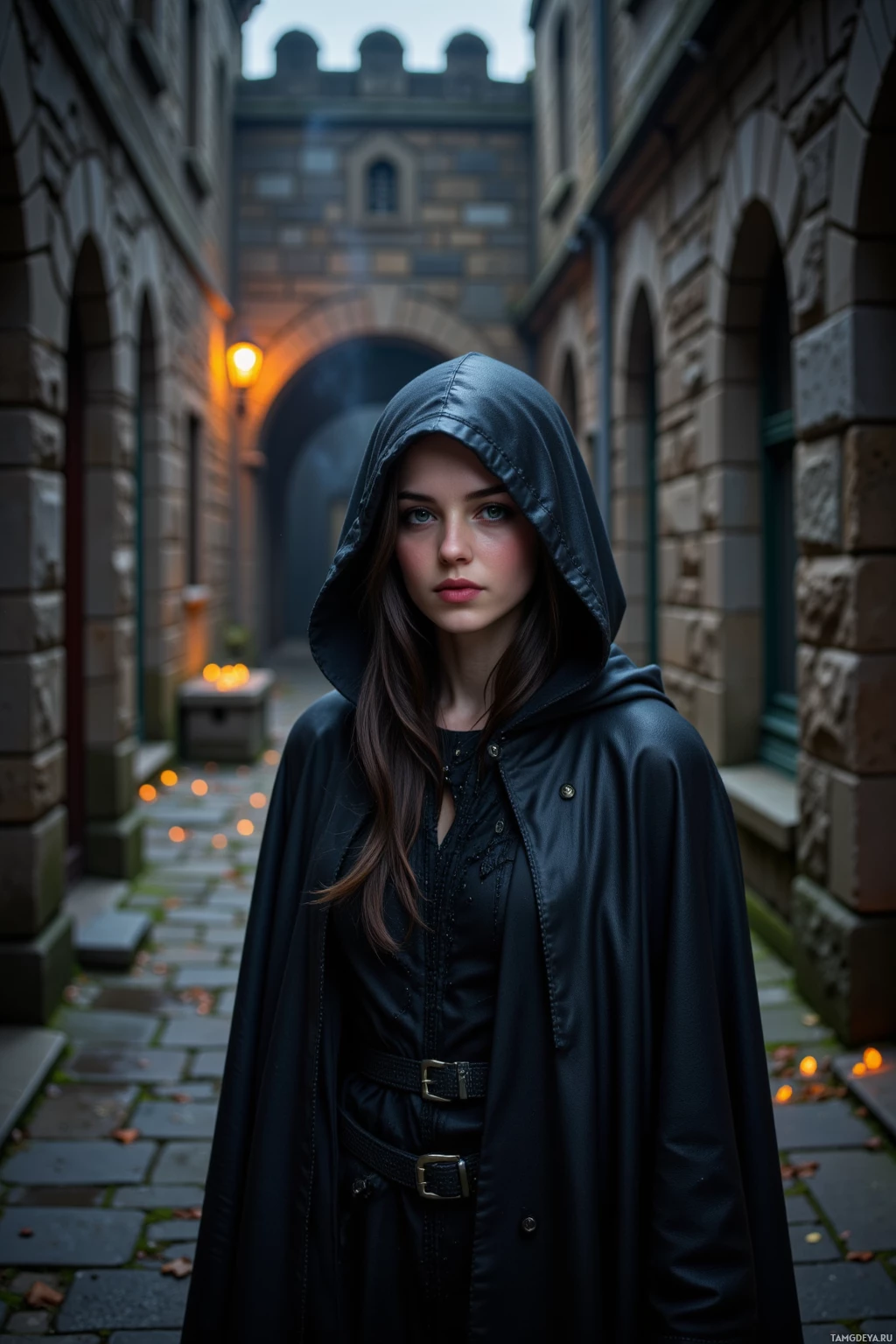 A person in a hooded cloak stands on a cobblestone path with stone buildings and warm lighting in the background.