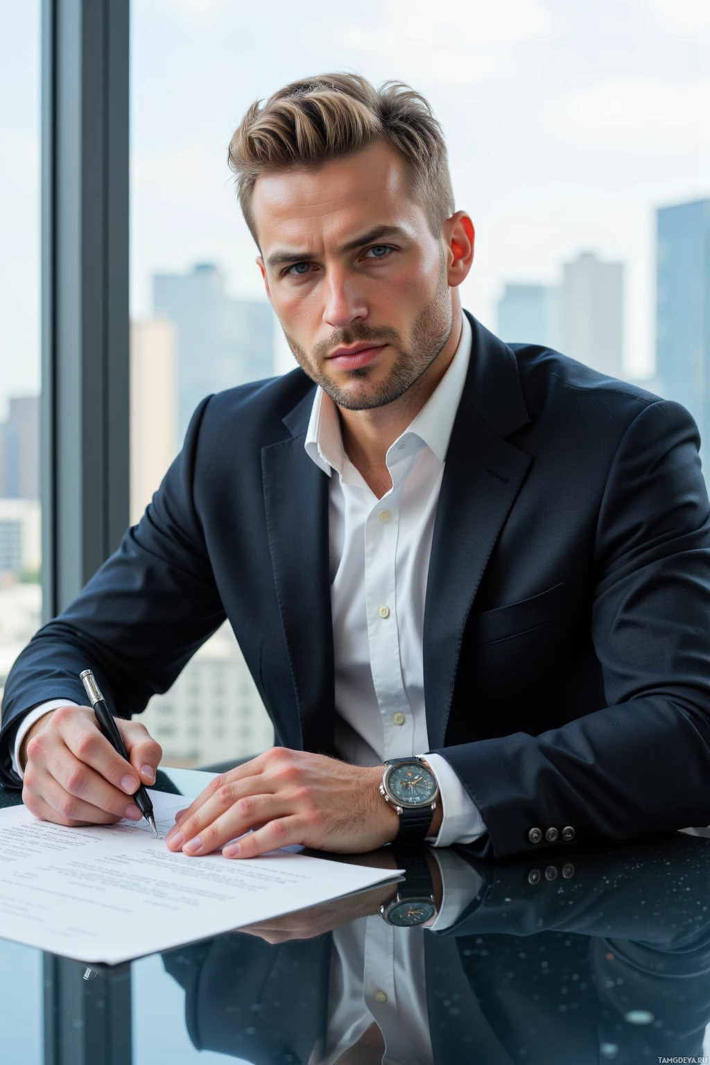 A man in a suit is signing a document at a desk.