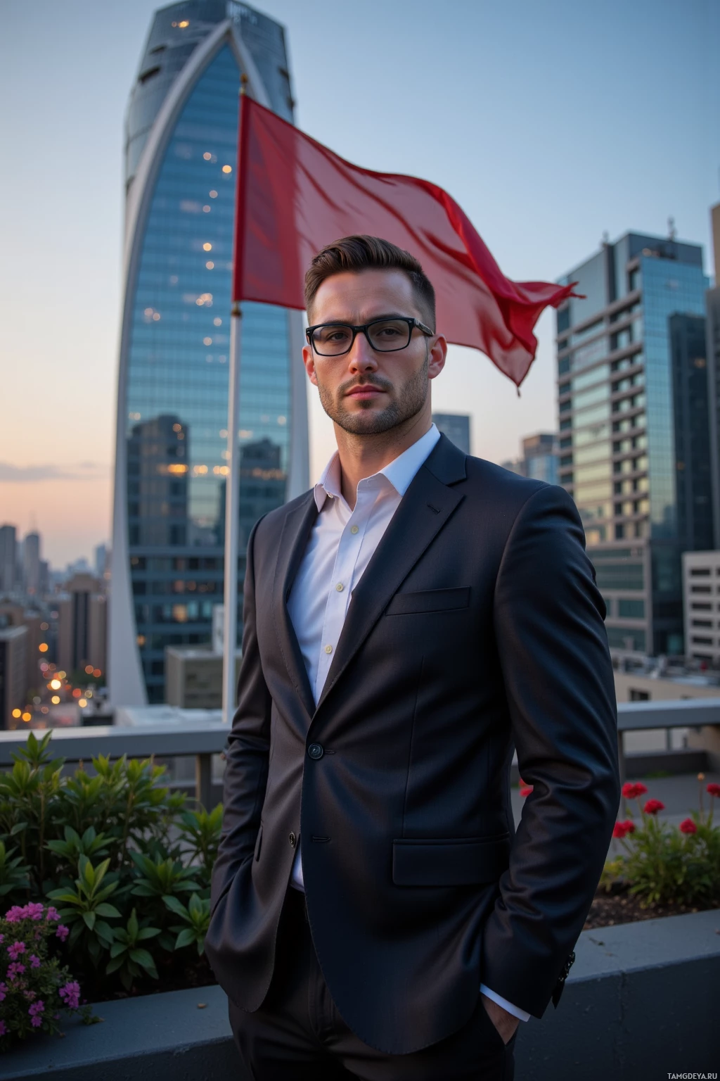 Realistic high quality photo. Tall 32‑year‑old man with pale skin, short slicked‑back black hair, rimless glasses, wearing a tailored dark suit, stands calmly on a rooftop garden at dusk, wind‑tossed flag fluttering beside him, with a sleek modern skyscraper backdrop, reflecting his composed strategic mindset after navigating a busy city grid.