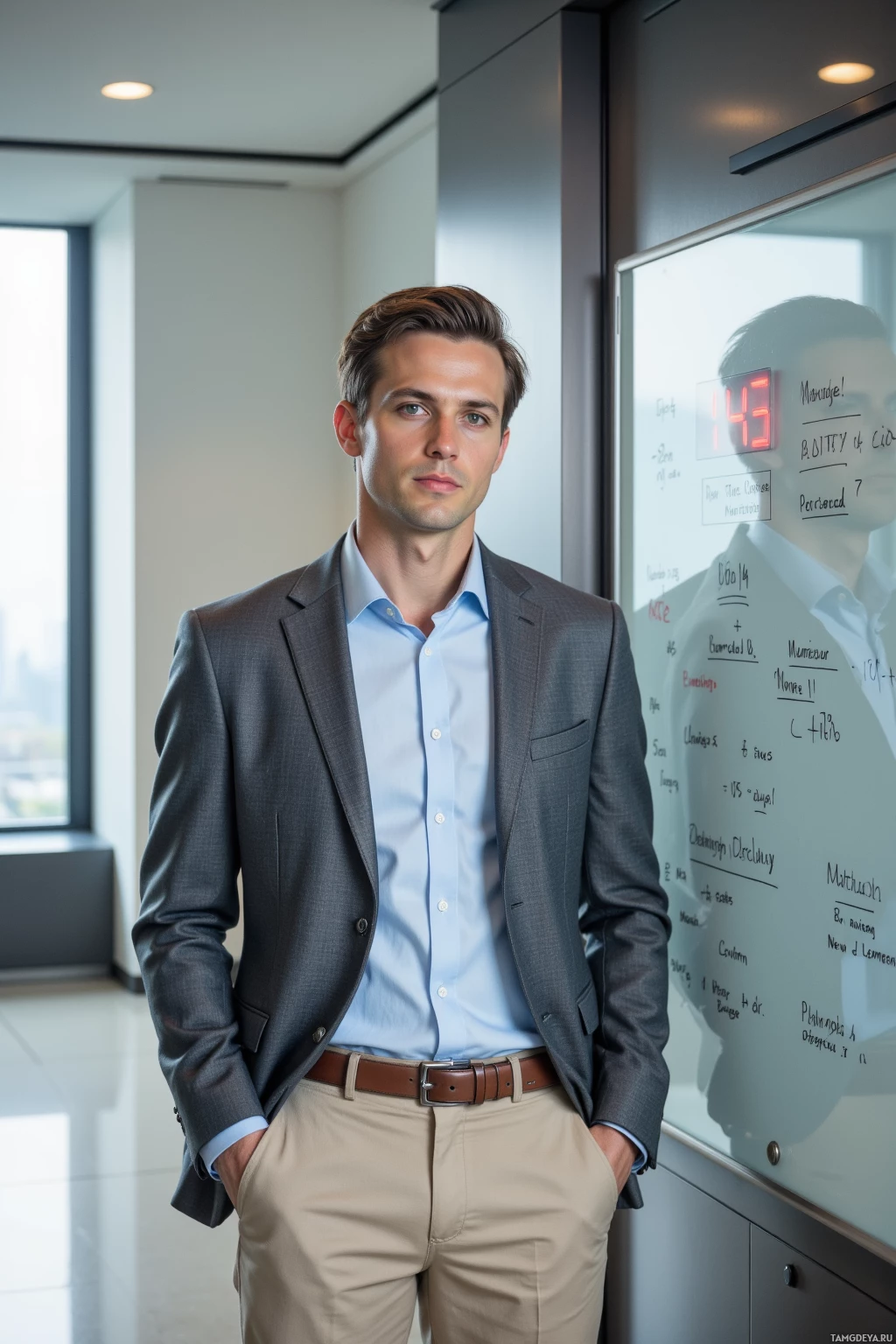 A man in a suit stands near a whiteboard with notes and calculations written on it.
