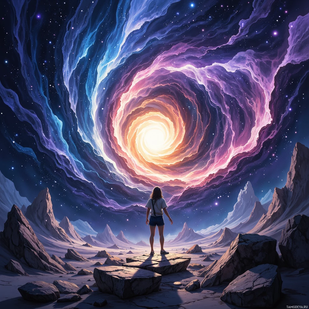 A person stands on a rocky landscape, gazing at a swirling, colorful vortex in the sky.