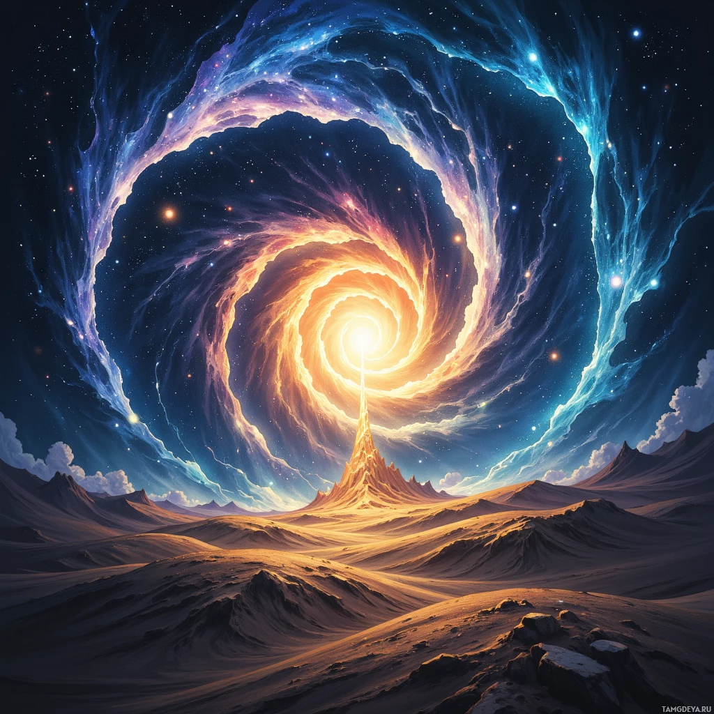 Semi-abstract image with many empty light space at center of beautiful background, that is suitable for the post:  A single grain of sand spirals into the cosmos, whispering equations to forgotten stars.
