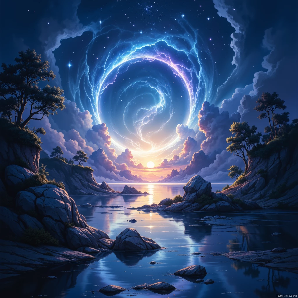 A serene landscape featuring a glowing celestial portal over a calm body of water surrounded by rocky cliffs and trees.