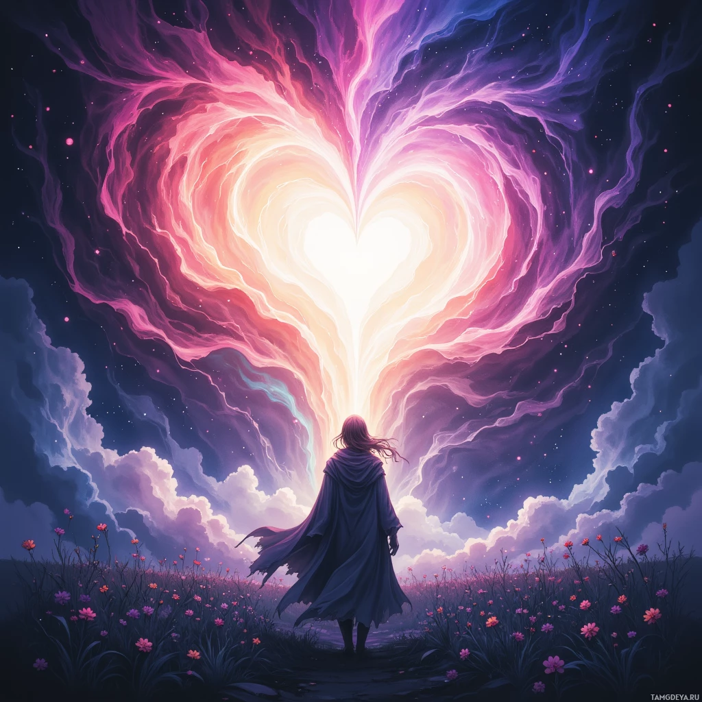 A person in a cloak stands in a field of flowers, gazing at a heart-shaped light in the sky.