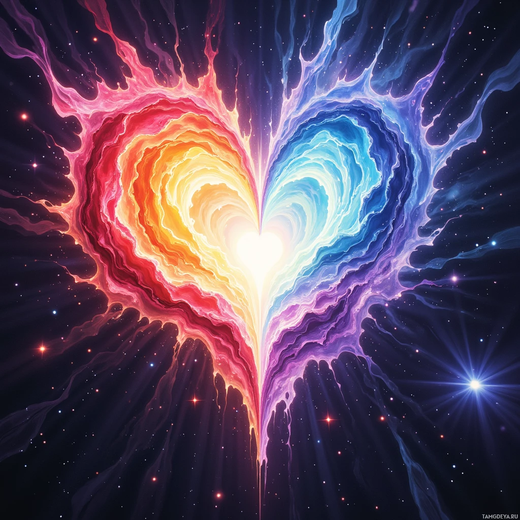 A vibrant, symmetrical heart shape with swirling colors and glowing light at its center.
