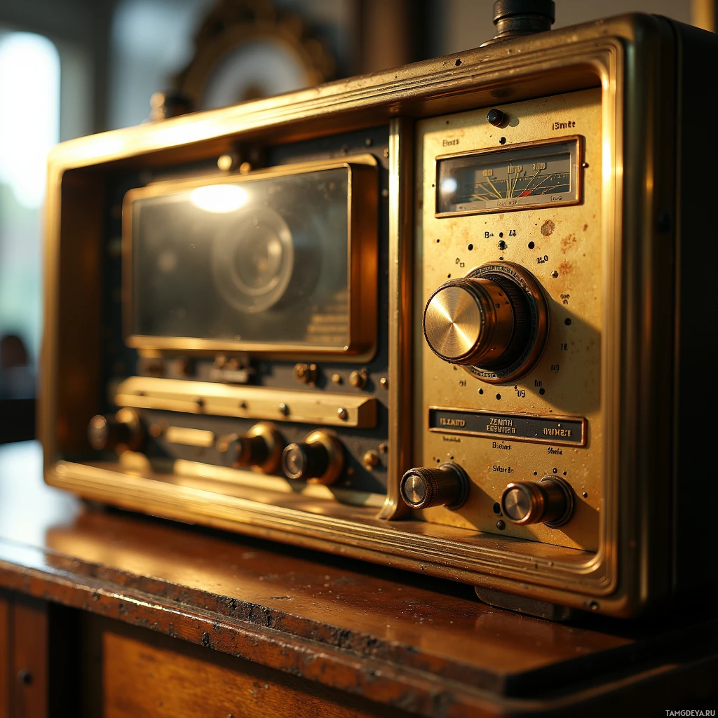 An antique radio with a brass finish sits on a wooden surface.