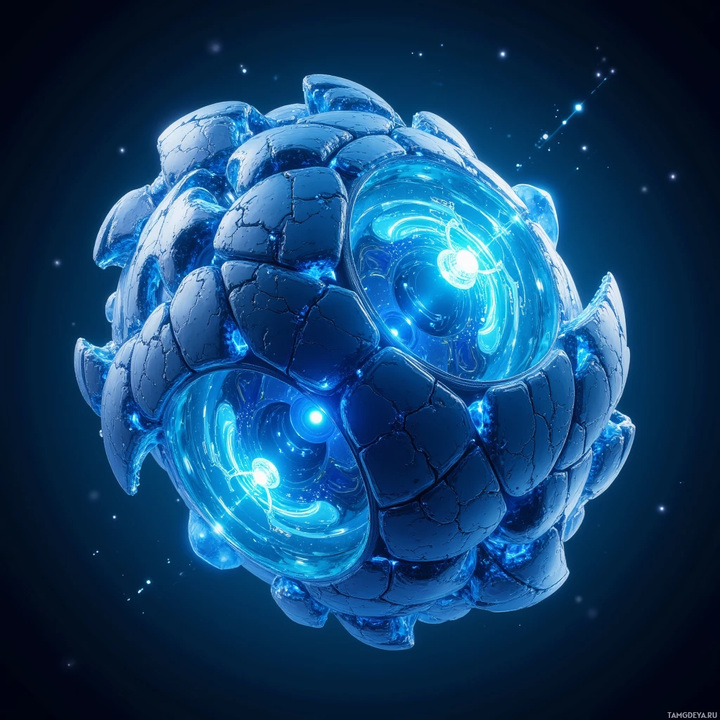 A glowing blue crystalline sphere with intricate textures and a central light source.