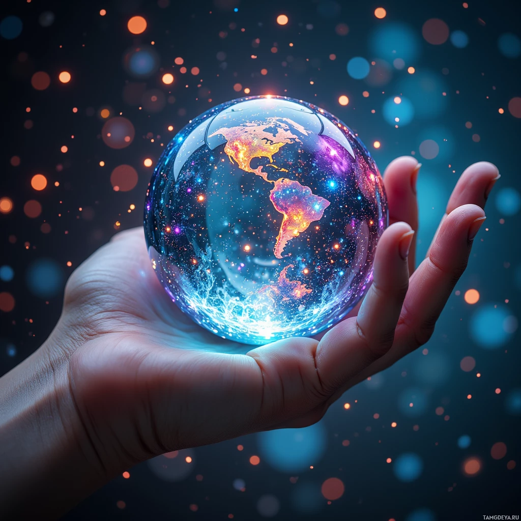 A hand holds a glowing, transparent sphere with a cosmic, galaxy-like appearance.