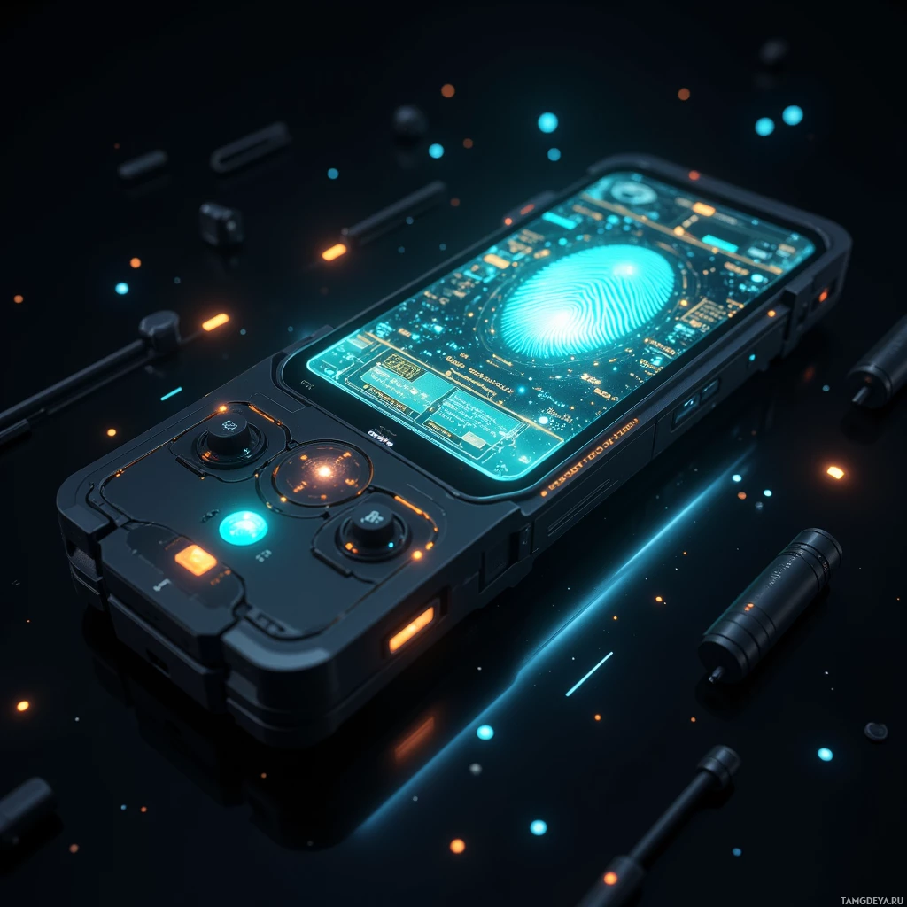 Semi-abstract image with many light, that is suitable for the post:  Slender matte black handheld forensic scanner with a sleek modular chassis, transparent glass touch screen, and a floating high‑resolution holographic display overlaying chemical and fingerprint data in vivid cyan and gold, surrounded by subtle blue LED accents.