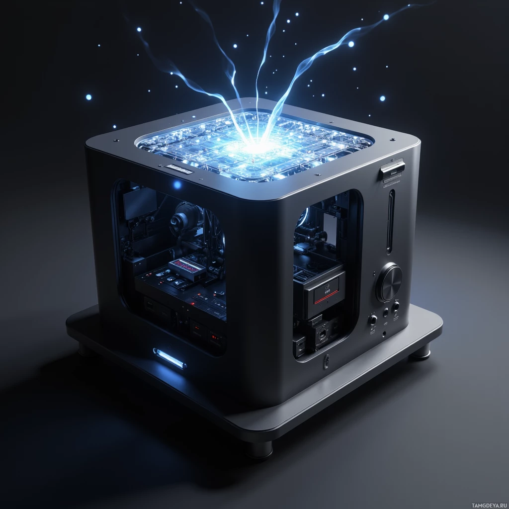 A futuristic, illuminated cube-shaped device with glowing internal components and lightning-like effects.