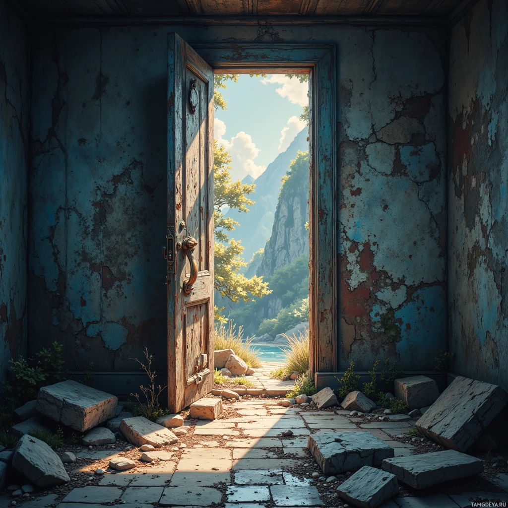 An open door in a dilapidated room leads to a scenic view of a mountainous landscape.