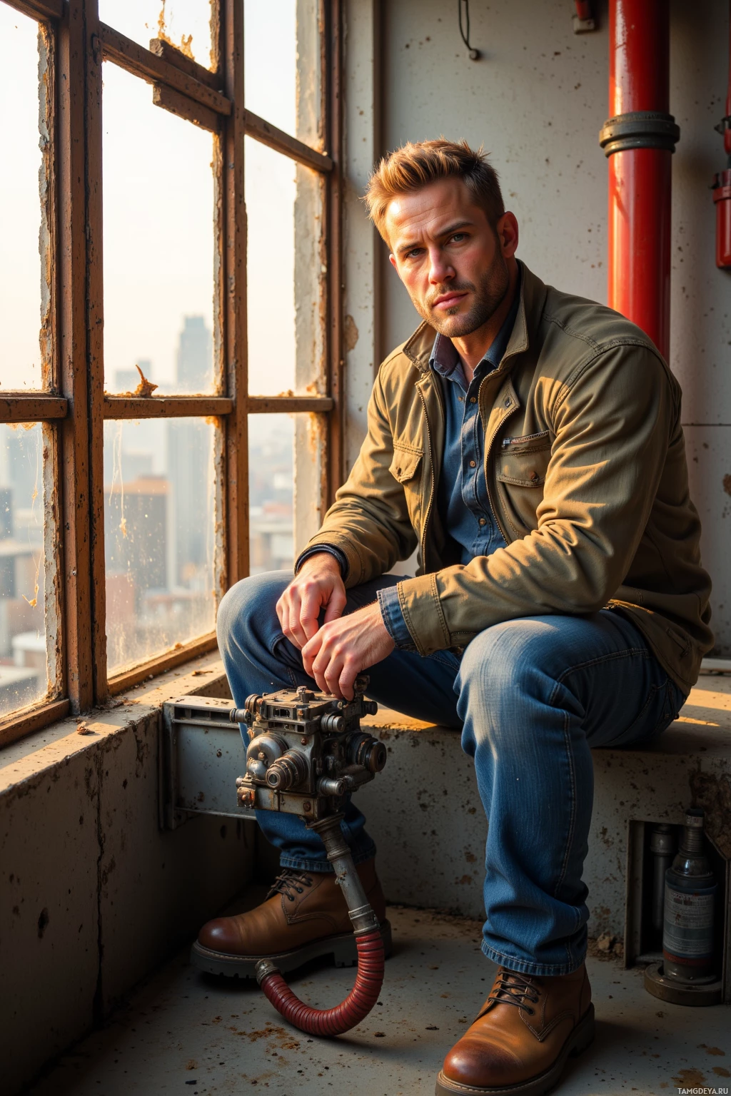 A man sits by a window in an industrial setting, wearing a jacket and jeans, with a mechanical device on the floor beside him.