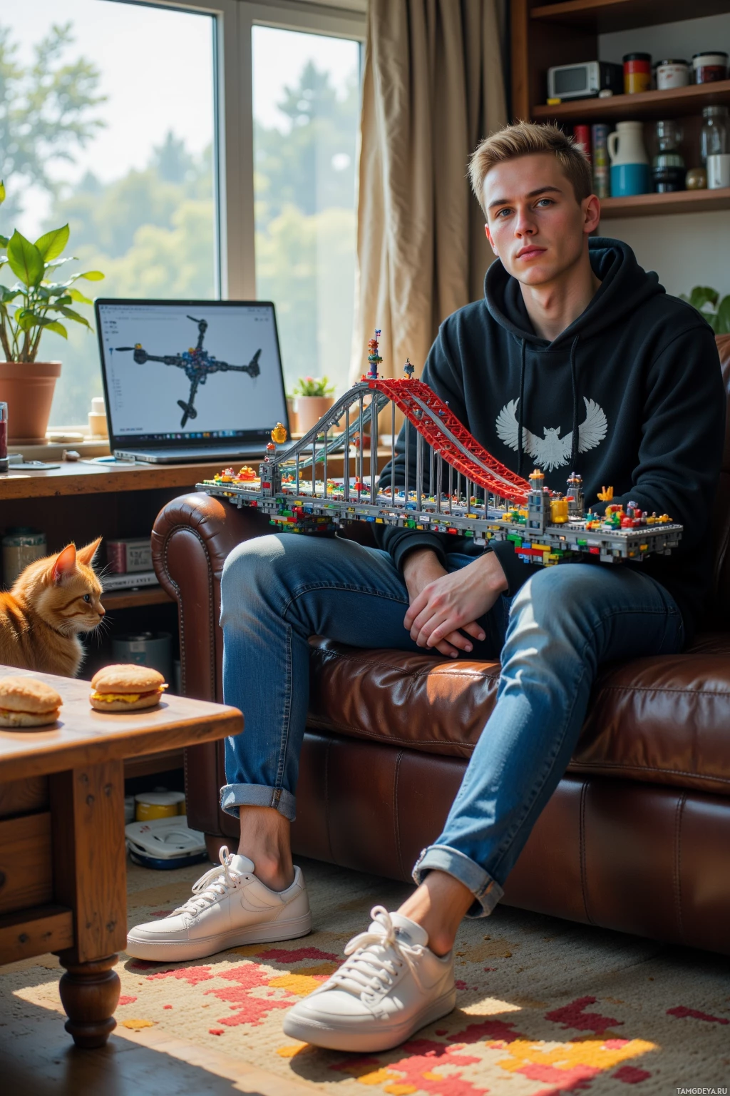 A person sits on a couch with a laptop and a colorful LEGO bridge model in front of them, with a cat nearby.