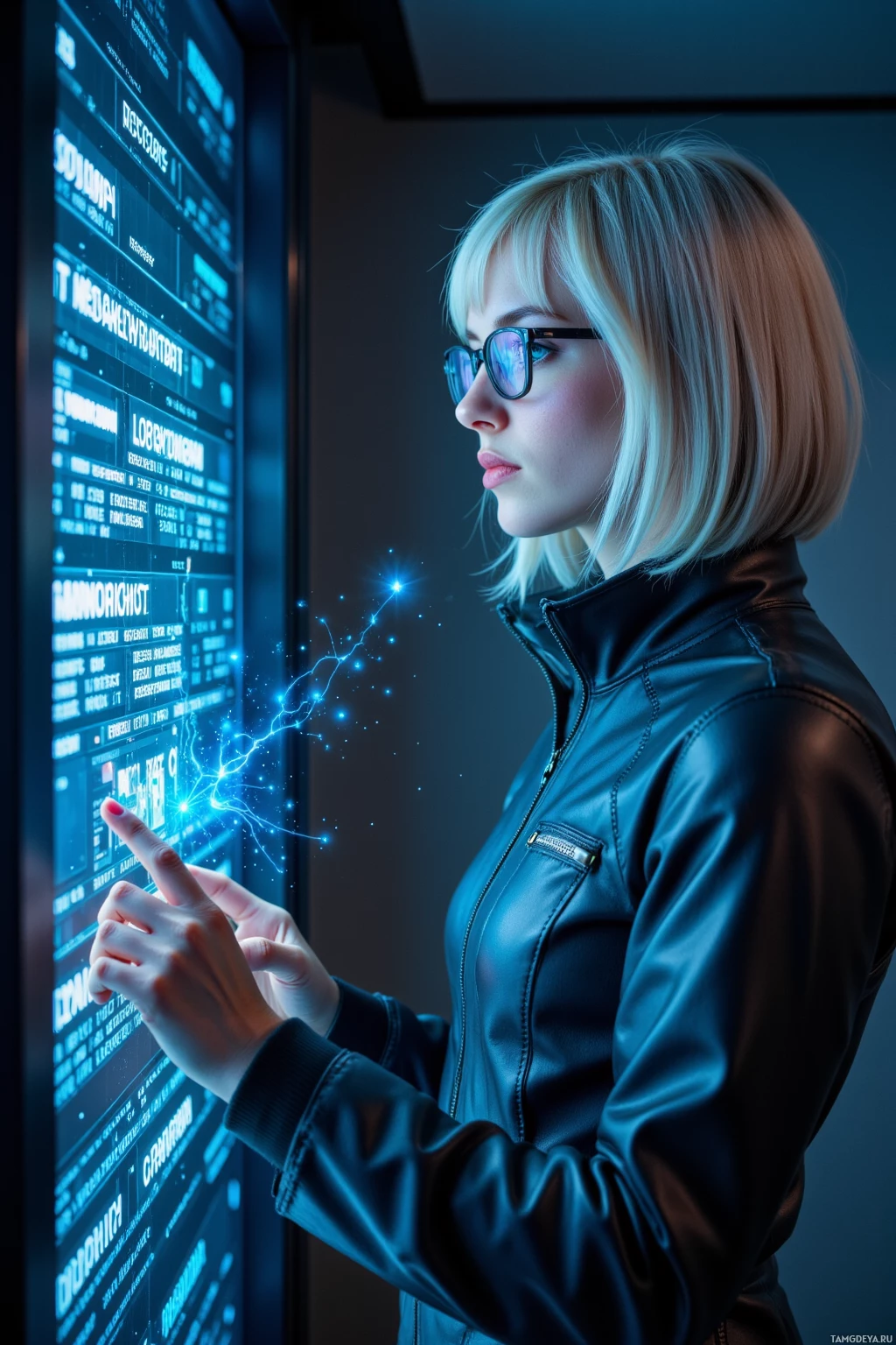 A person in a leather jacket interacts with a futuristic digital interface displaying glowing data and connections.