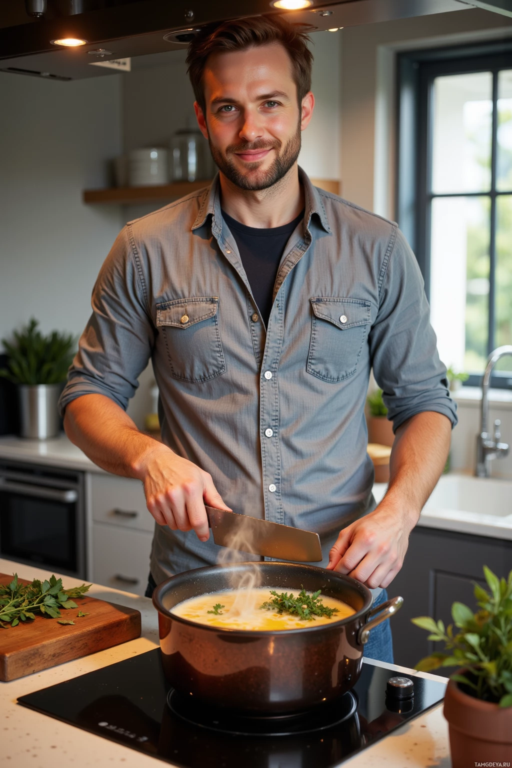A man is cooking in a kitchen, stirring a pot on an induction stove with steam rising from it.