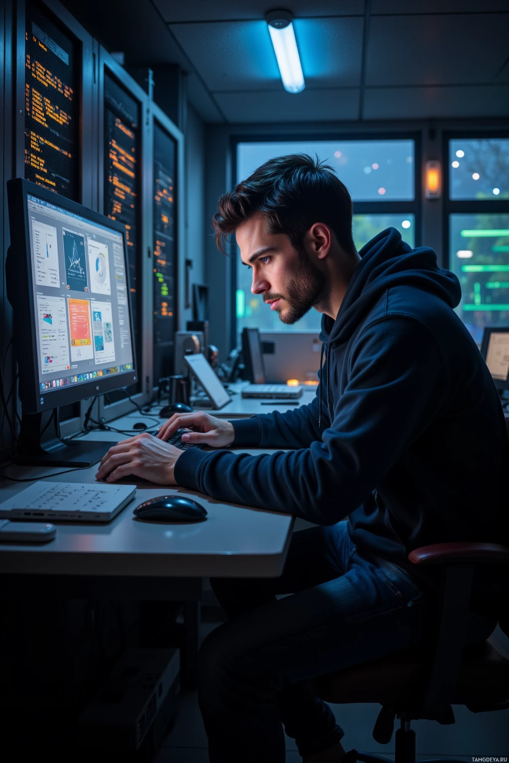 A person is working at a computer in a dimly lit room with multiple monitors displaying data.